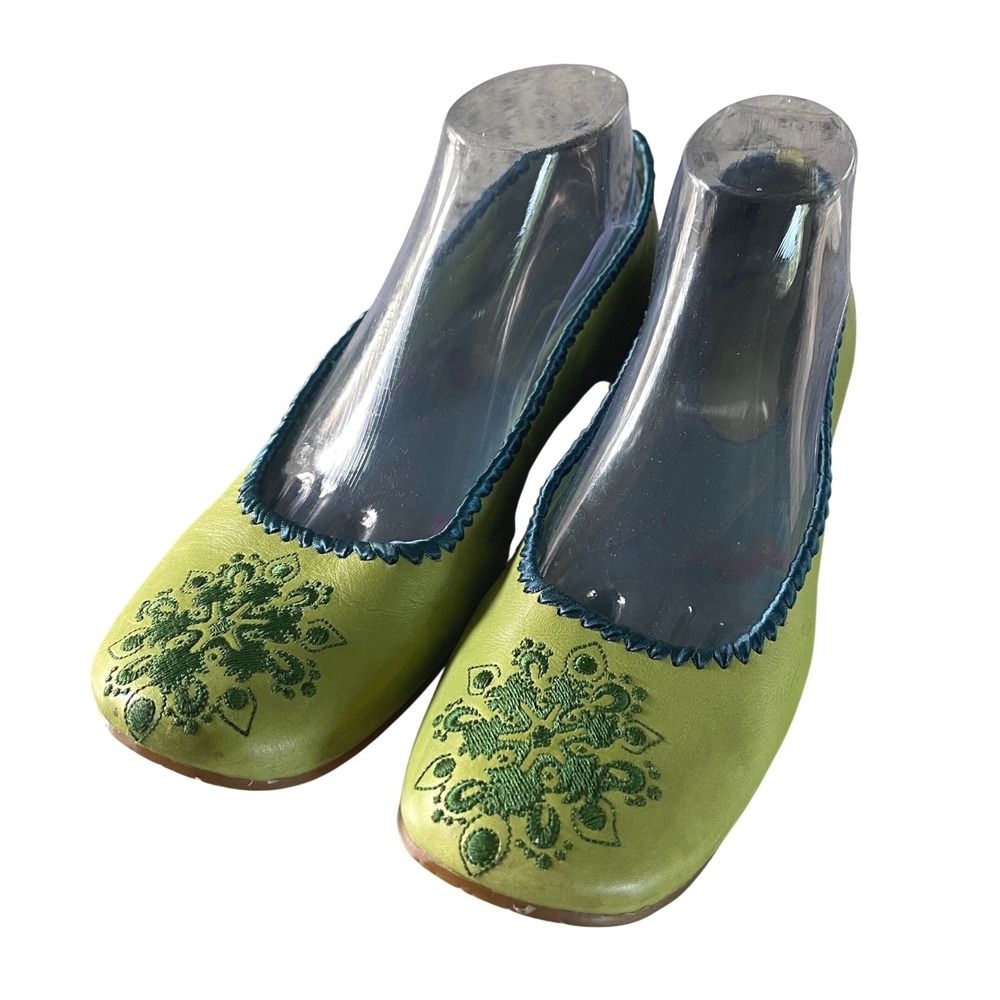 Indigo by Clarks Ballet Flats Womens 9.5M Green Boho Floral Embroidered Leather